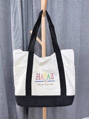 Hawaii Canvas Tote Bag Large Rainbow Embroidered Beach Travel Boat Bag Zippered